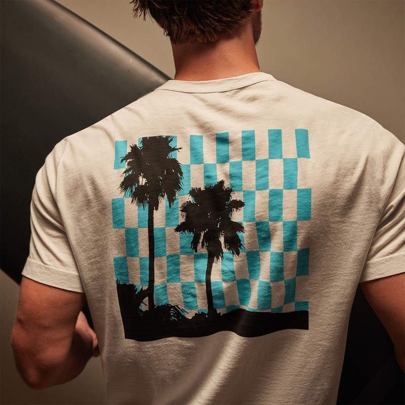 Checkered Palm Tree Graphic Tee – White/Blue Lagoon