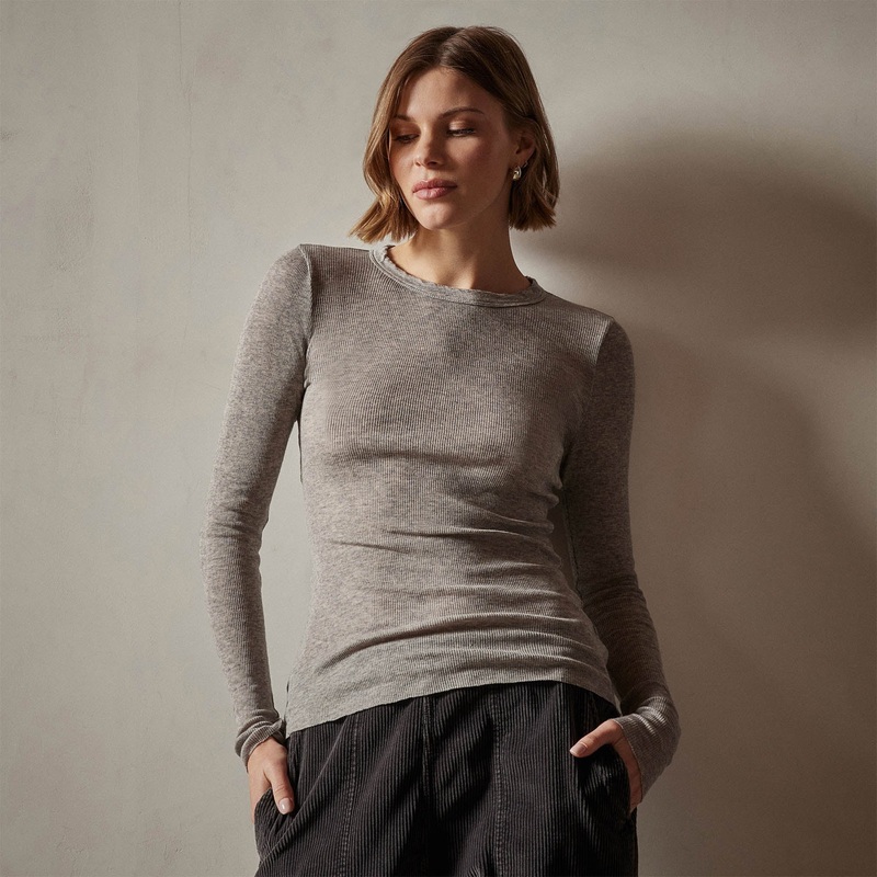 Cotton Cashmere Blend Ribbed Long Sleeve Crew – Heather Grey