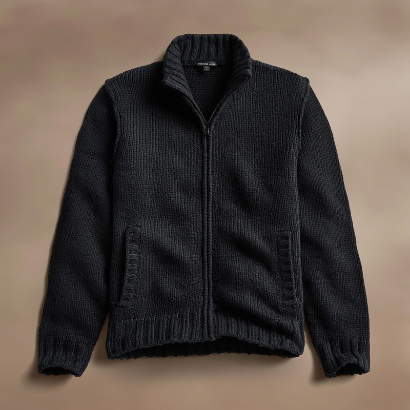 Cotton Knit Zip Up Sweater – Black