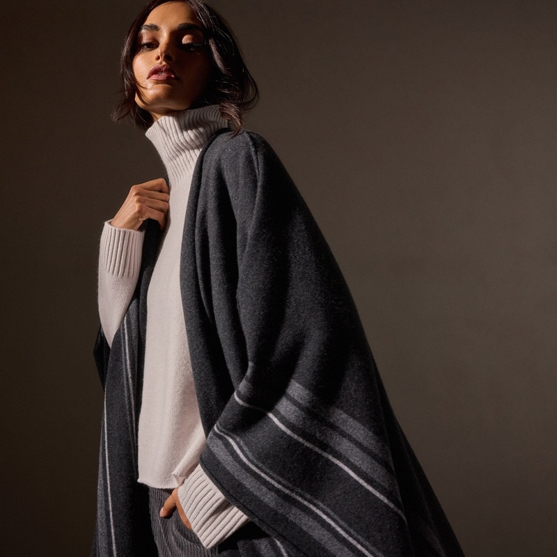 Recycled Cashmere Striped Poncho – Coal
