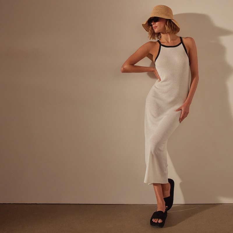 Stretch Linen Ribbed Dress – White/Black