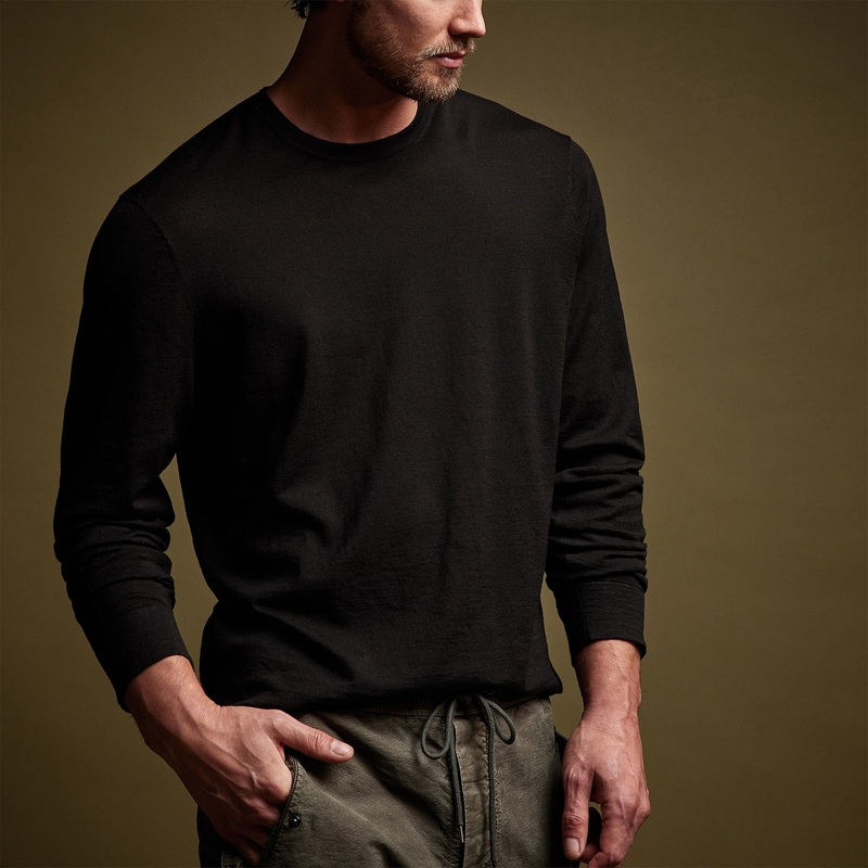 Linen Blend Long Sleeve Contrast Crew – Black/White