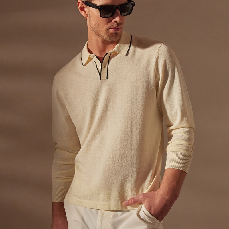 Retro Tipped Long Sleeve Polo – Ivory/Black