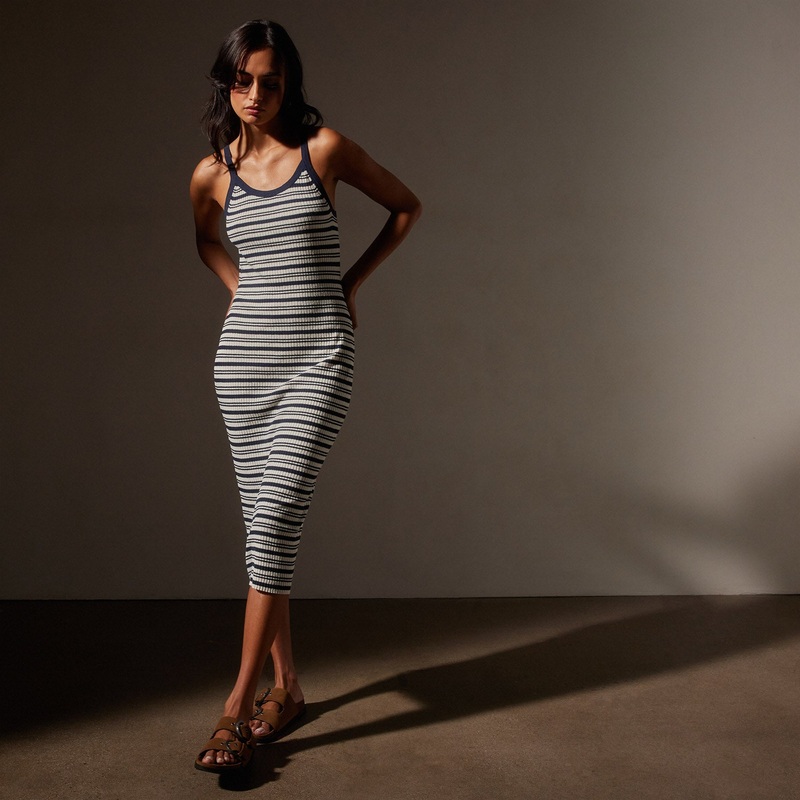 Stretch Linen Ribbed Dress – Canvas/Navy Stripe