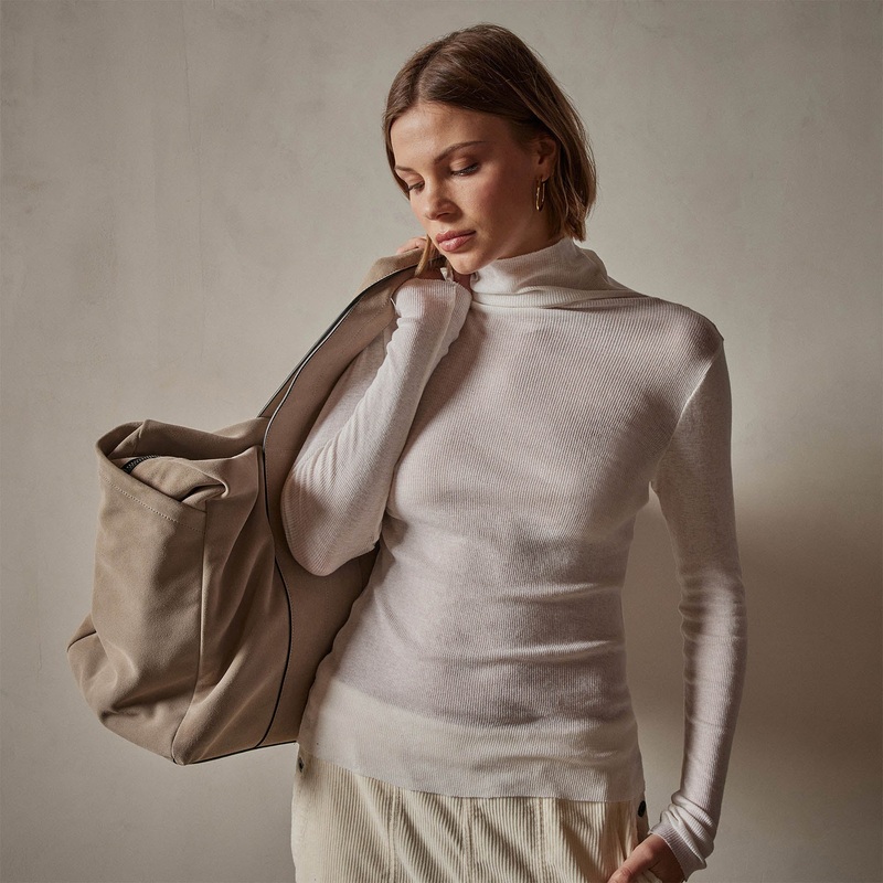 Cotton Cashmere Blend Ribbed Turtleneck – Ivory