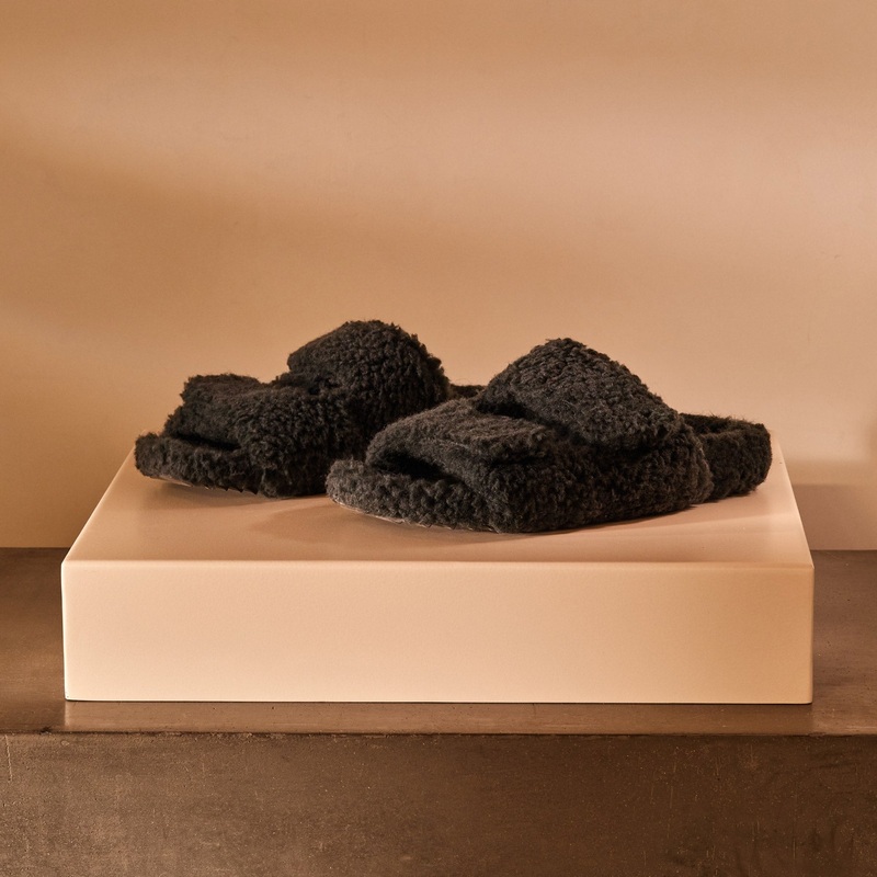 Women’s Double Strap Shearling Slide – Charcoal