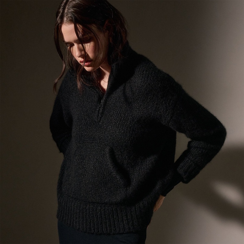 Cashmere Blend Half Zip Sweater – Black