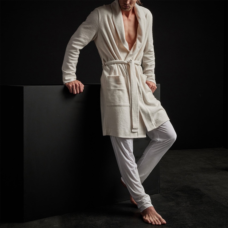 Brushed Thermal Knit Hooded Robe – Oyster