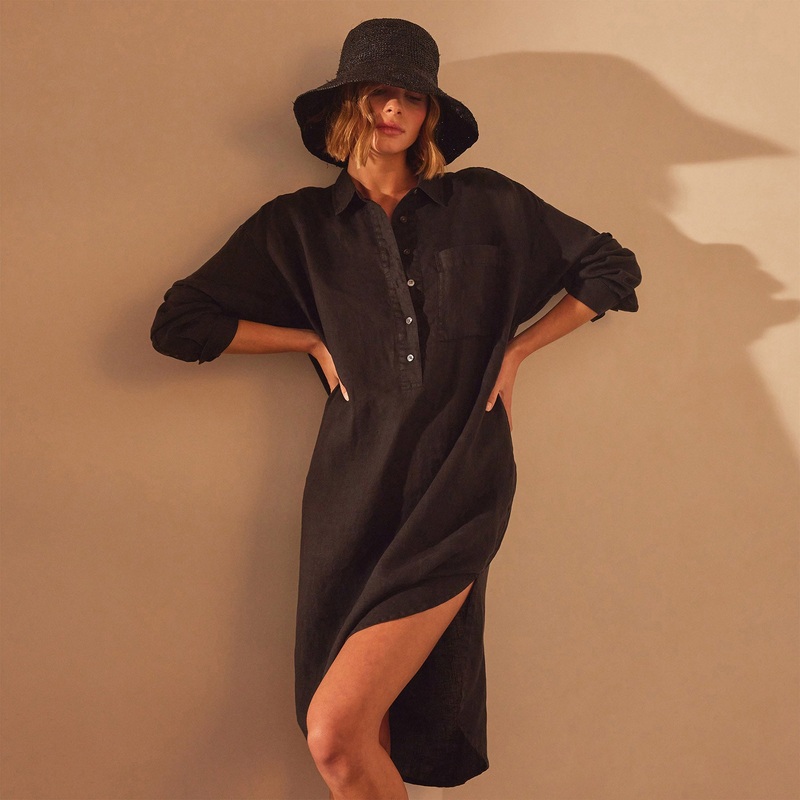 Linen Shirt Dress – Black