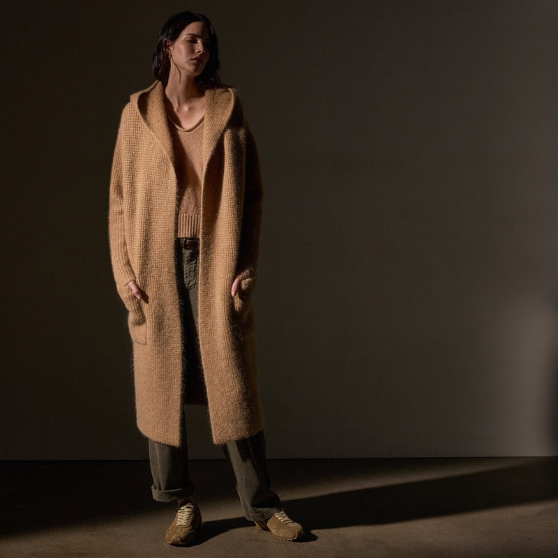 Chunky Waffle Knit Hooded Coat – Camel
