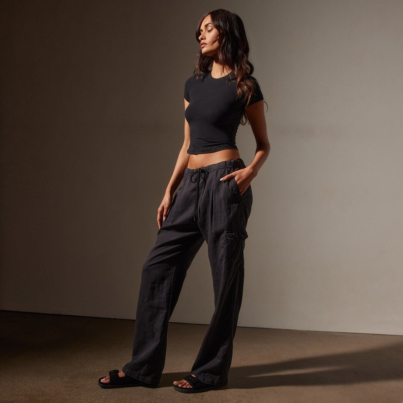 Cotton Linen Twill Pleated Cargo – Black