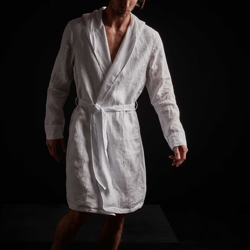 Linen Hooded Robe – White