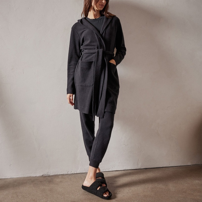 Brushed Thermal Knit Hooded Robe – Black