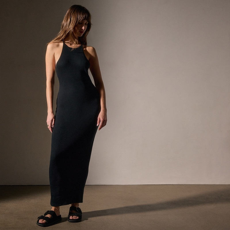 Cotton Cashmere Ribbed Racer Back Tank Dress – Black