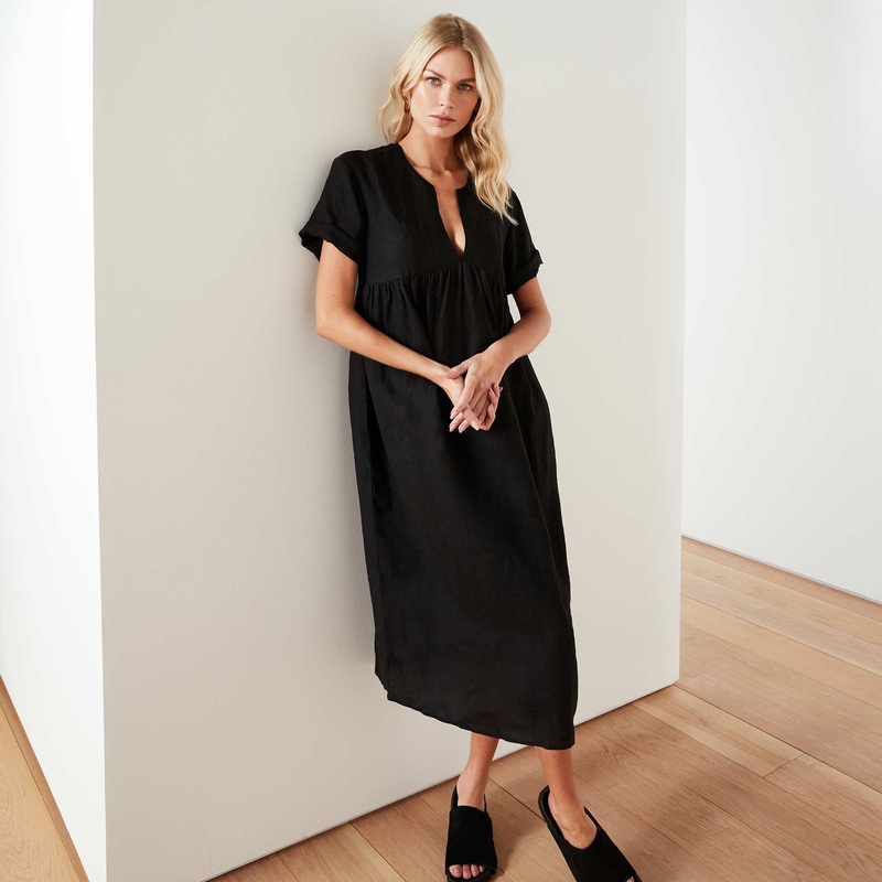 Empire Linen Dress – Black