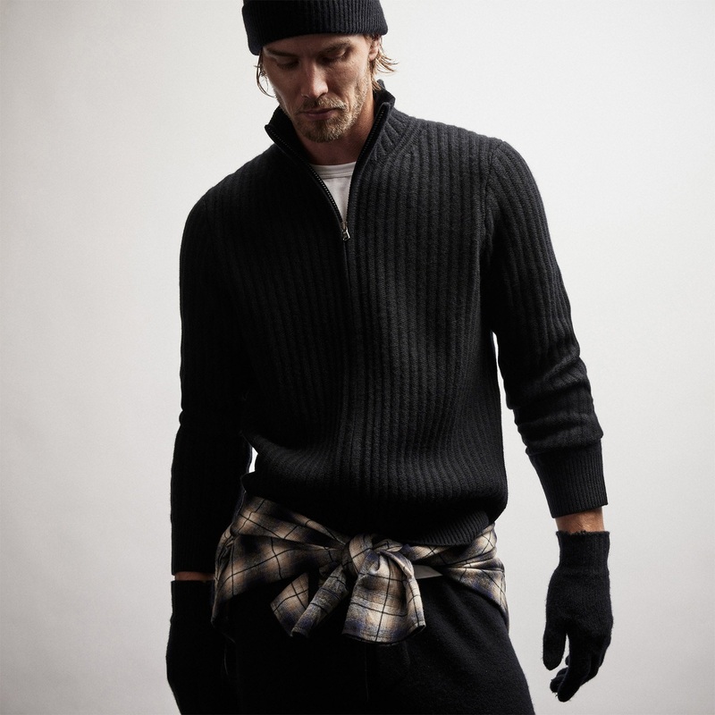Recycled Cashmere Ribbed Zip Up – Black