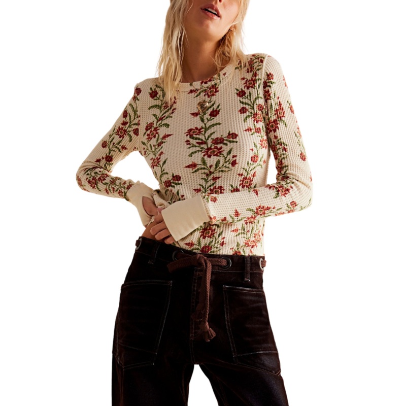Free People Pretty Little Thermal Long Sleeve T-Shirt Sand Combo Folk Vine