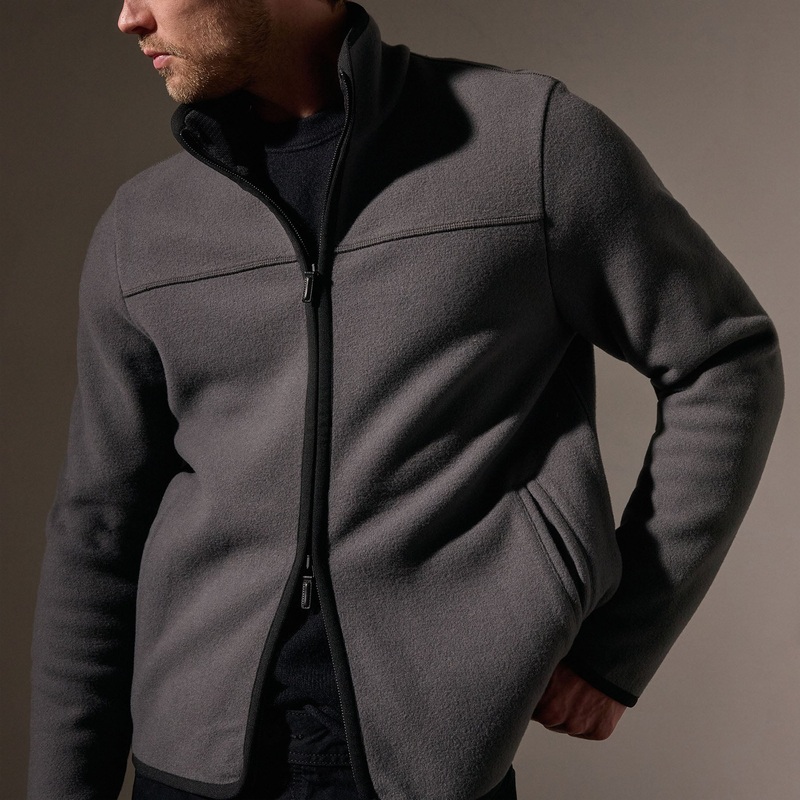 Wool Jersey Zip Front Funnel Neck – Mid Grey/Black