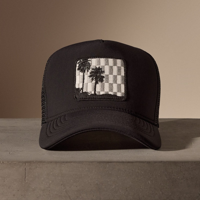 Checkered Palm Embroidered Trucker Hat – Black