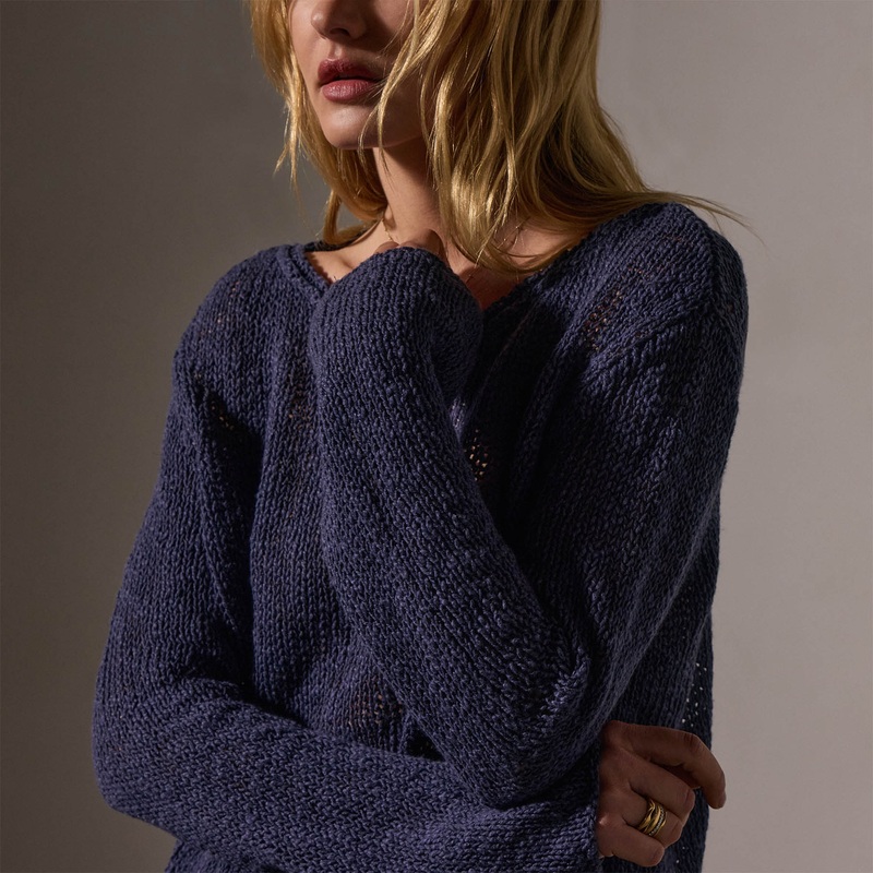 Cotton Linen Open Knit Pullover – Faded Navy
