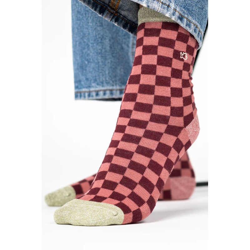 BILLYBELT – CHECKED SOCKS – BURGUNDY AND PINK