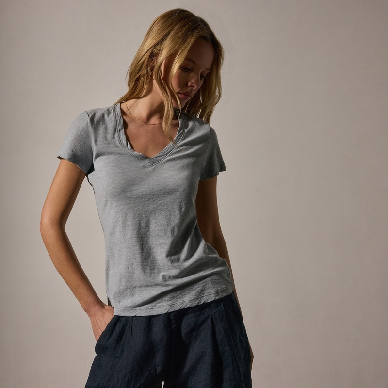 Sheer Slub Casual V Neck – Grey Sky