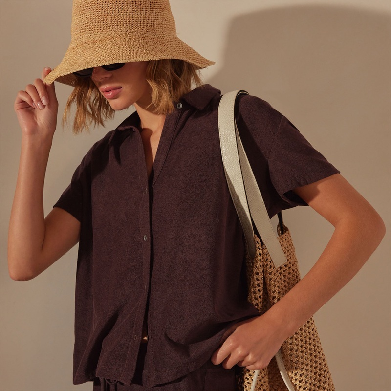 Cotton Terry Placket Short Sleeve – Mahogany