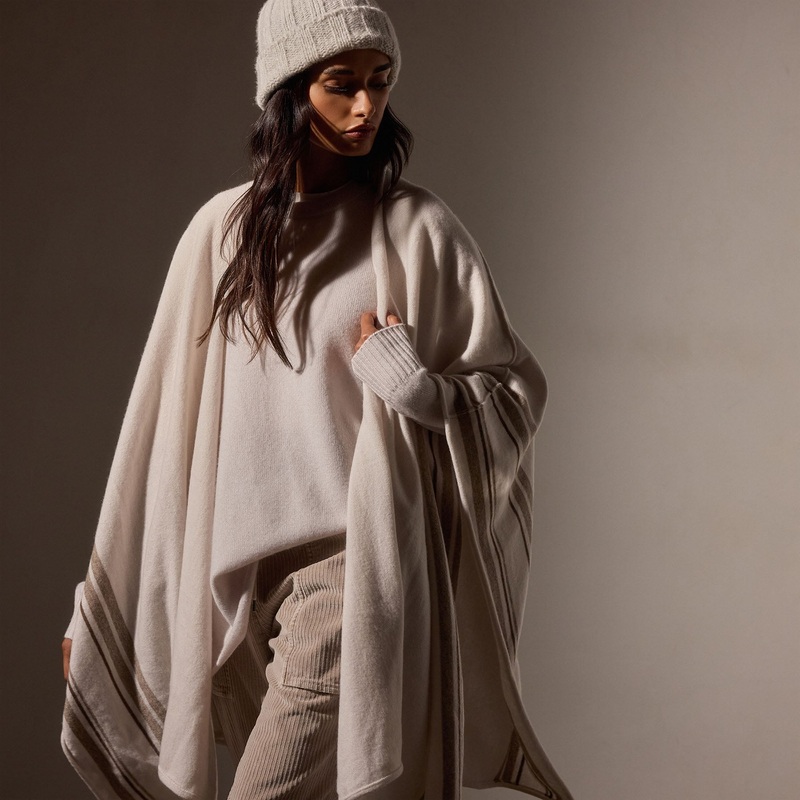 Recycled Cashmere Striped Poncho – Pearl